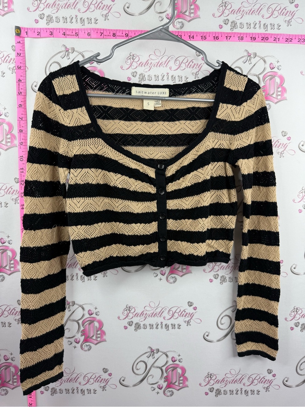 Saltwater Luxe cardigan knit Black & Beige Striped Cropped Button Cardigan
